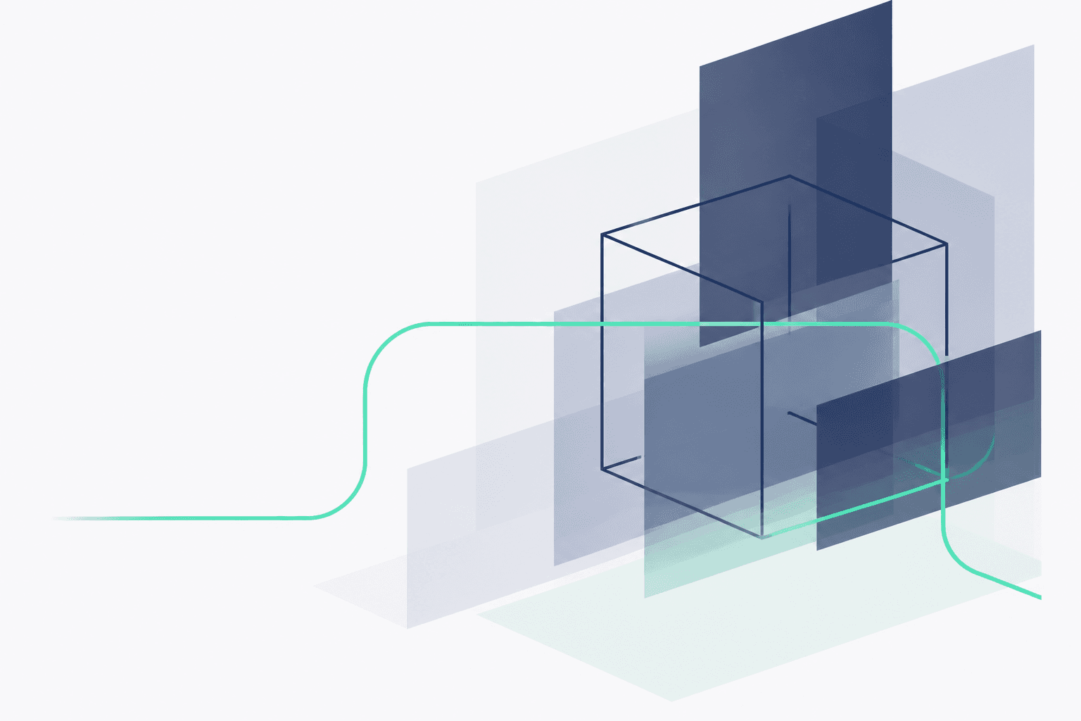 Composición abstracta de planos y un cubo abierto, reservada para futuros casos de éxito.